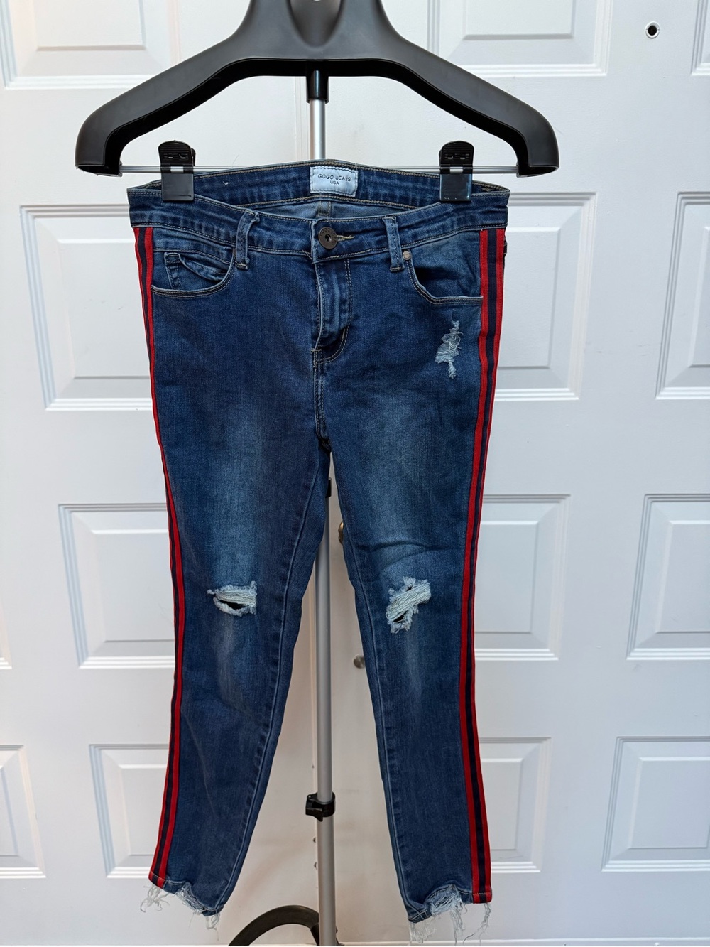 GOGO Dark Blue Skinny Jeans with Red Side Stripes